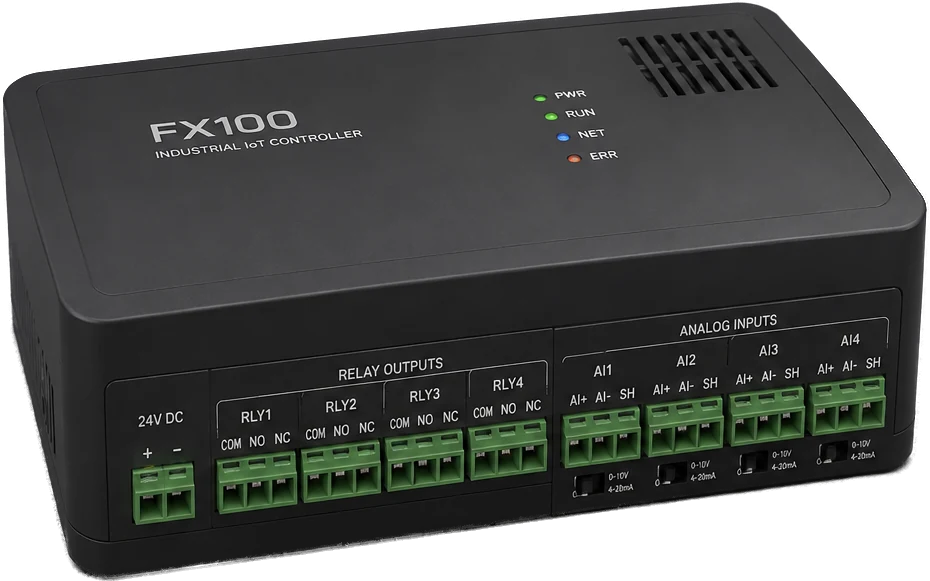 FX100 endüstriyel IoT kontrol kartının kutulu görünümü; röle çıkışları ve analog giriş klemensleri